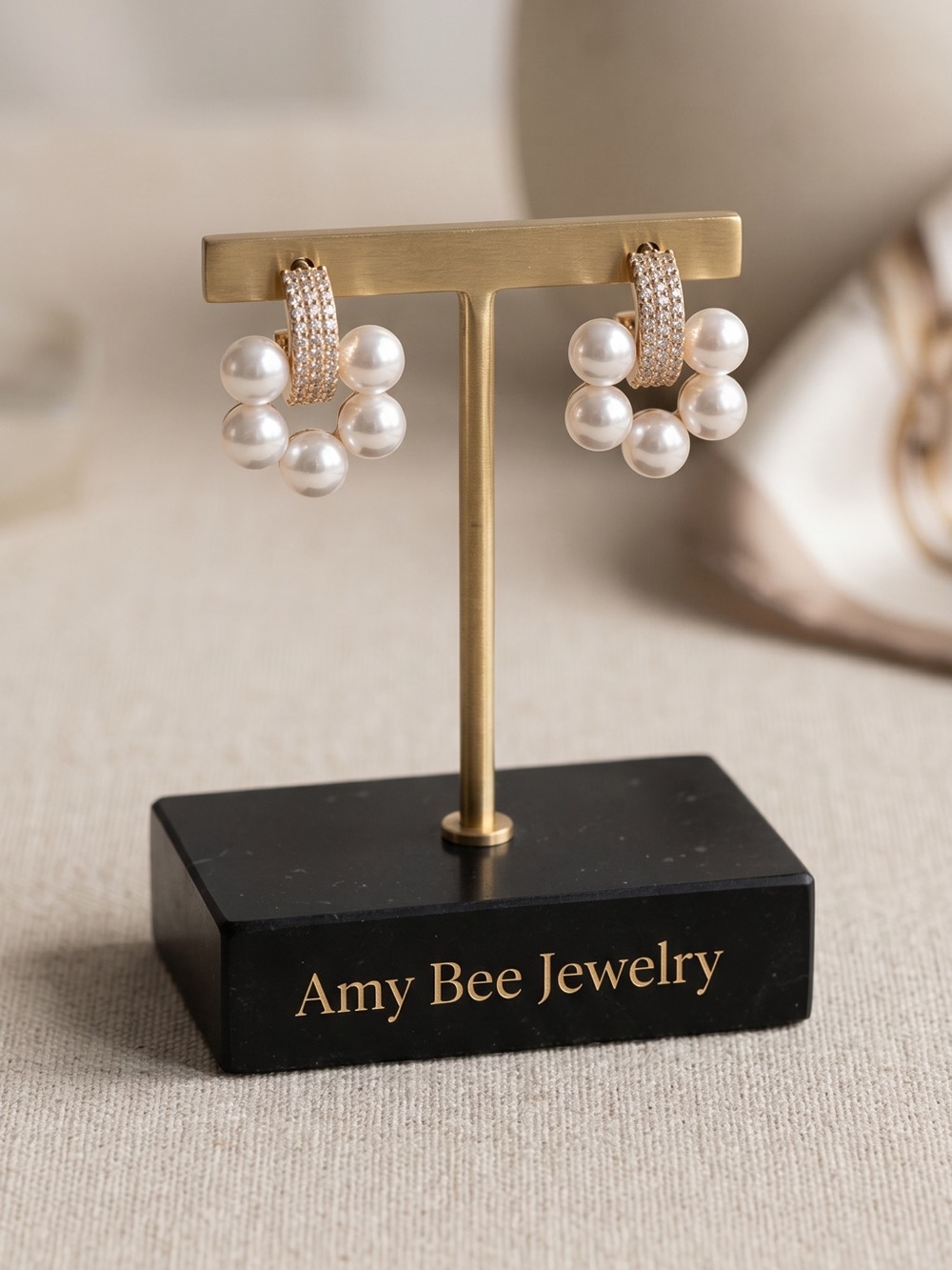 14k Gold Plated Faux Pearl Cluster Hoop Earrings with Gold Crystal Accents.